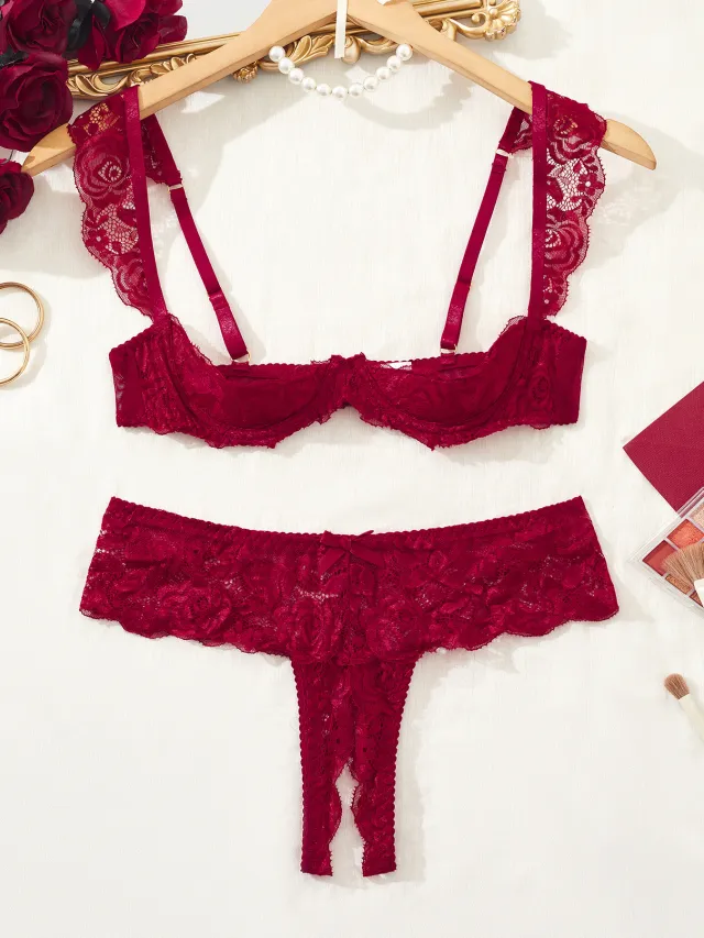 Cute Girl Style Lace Bra And Underwear Set Wine - Shop at LoveMi
