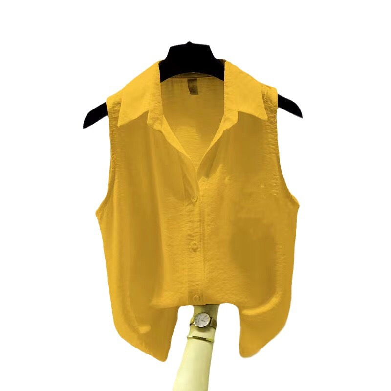 Summer Solid Color Sleeveless Crepe Chiffon Shirt For Women