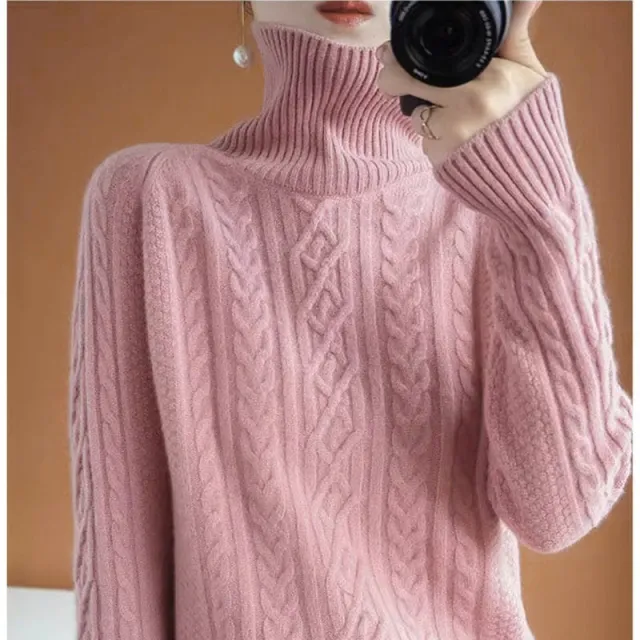 Autumn And Winter New Lazy Wind Thickened Warm And Loose Solid Color Thread Knitted Bottoming Shirt For Women Pink - Shop at LoveMi