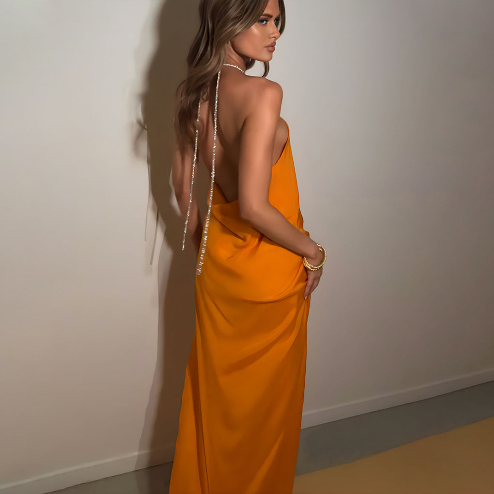 Premium Satin Halter Dress Sexy Backless Pure Color Split Orange - Shop at LoveMi