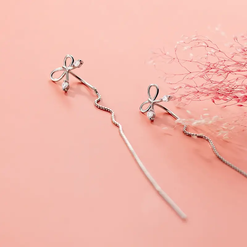 S925 Silver Bow Hanging Earrings Korean Style Lady Temperament