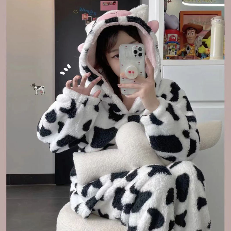 Women's Cow Coral Fleece Hood Pajamas Suit