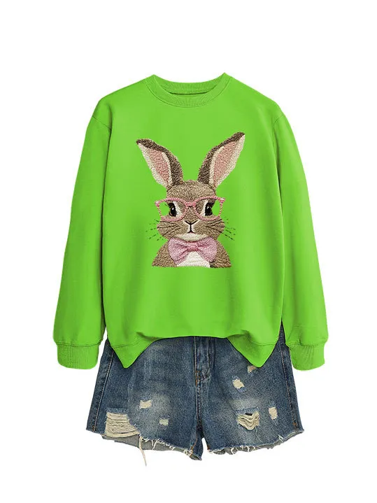 Brown Rabbit Bow Round Neck Sports Sweater - Fluorescent Green Sweater