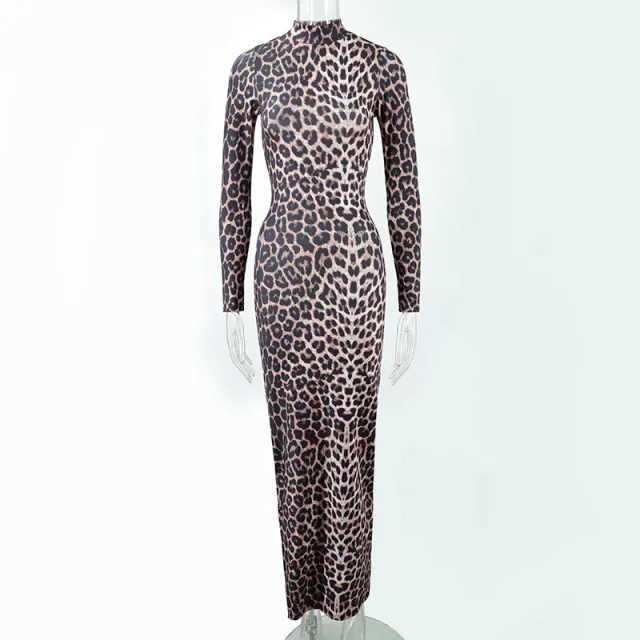 Fashion Leopard Print Stand Collar Long Sleeve Long Dress Leopard - Shop at LoveMi