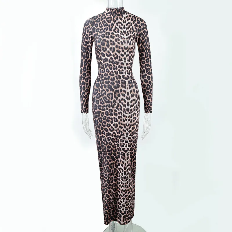 Fashion Leopard Print Stand Collar Long Sleeve Long Dress - Leopard