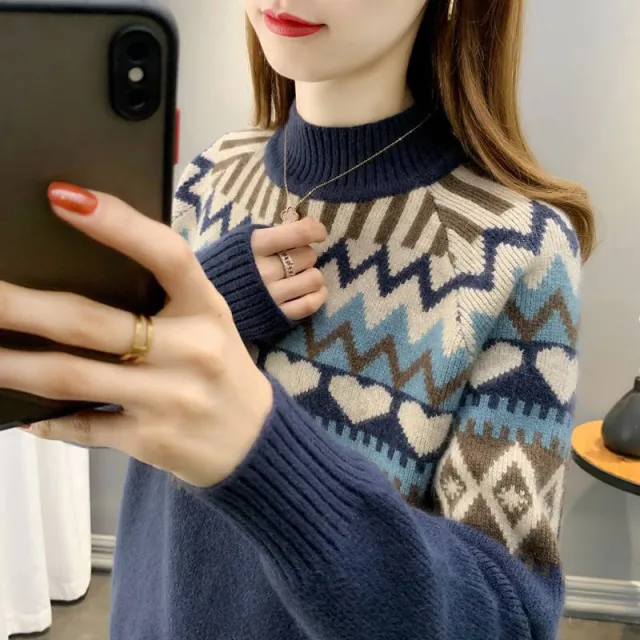 4 Autumn And Winter New Jacquard Inner Cashmere Sweater Thickened Navy Blue - Shop at LoveMi