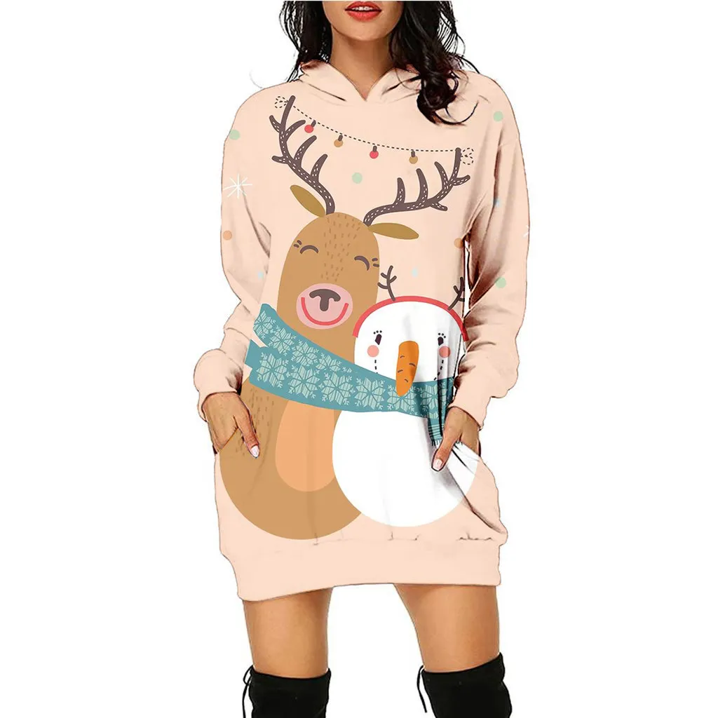 Women's Fashion Casual Printing Christmas Holiday Party Sweater Dress - Swy090217-Xl