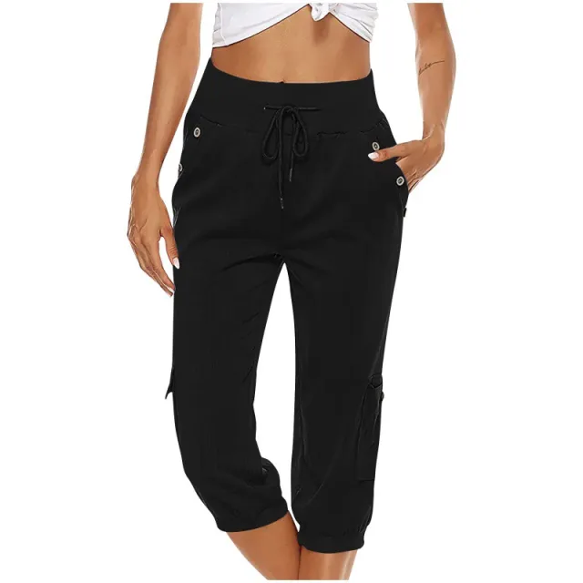Women's Cropped Pants Cotton Linen Cargo Pocket Casual Pants Black - Shop at LoveMi