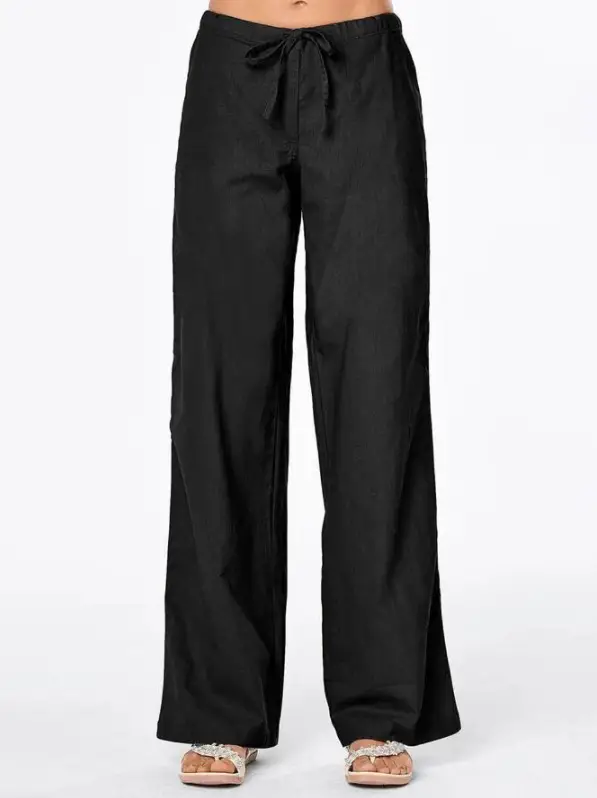 Solid-color Drawstring-pocket Loose Casual Wide-leg Linen Pants