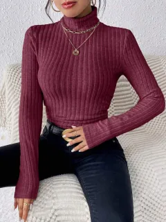 Autumn And Winter V-neck Long Sleeve Brushed Sunken Stripe Knitted Top - Red - View 1