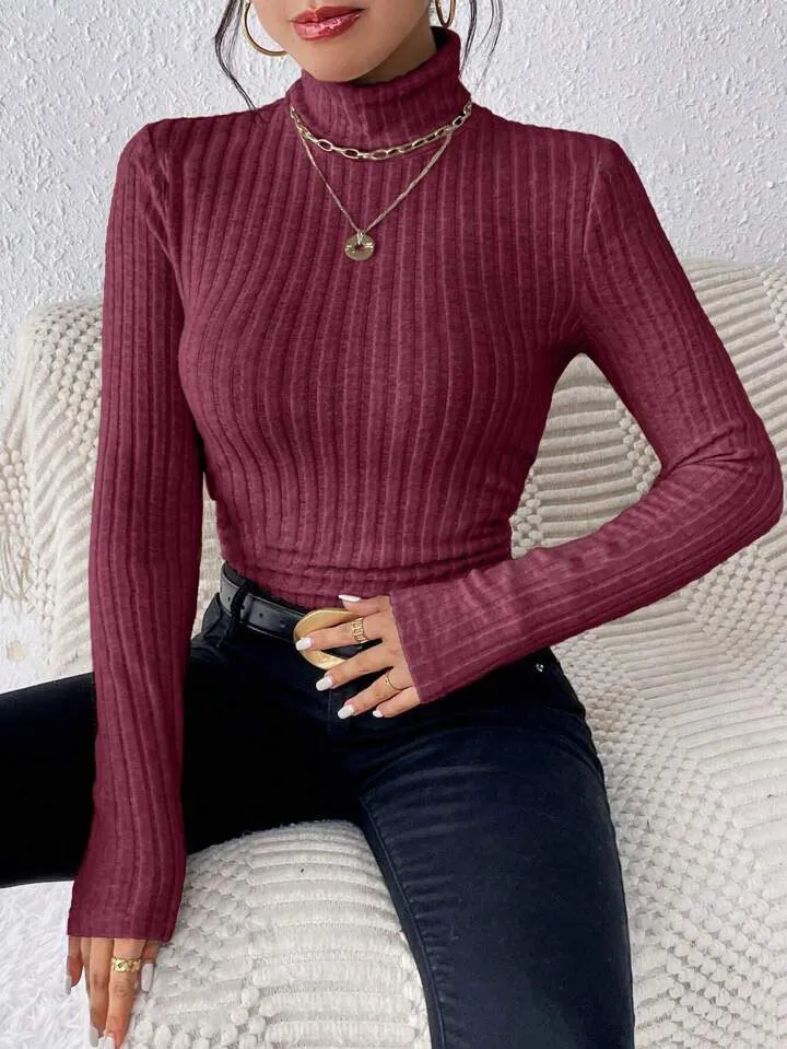 Autumn And Winter V-neck Long Sleeve Brushed Sunken Stripe Knitted Top - Red