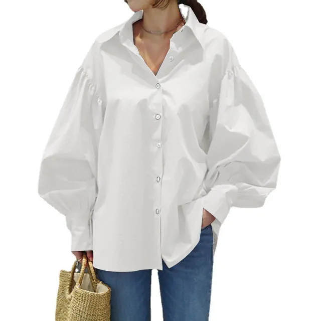 Women's Casual Shirt Lantern Sleeve Lapel Top White - Shop at LoveMi