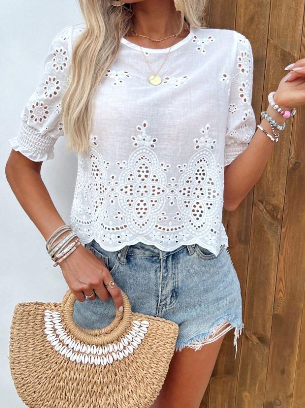 Hollow-out Embroidered Three-quarter Sleeve Womens Shirt