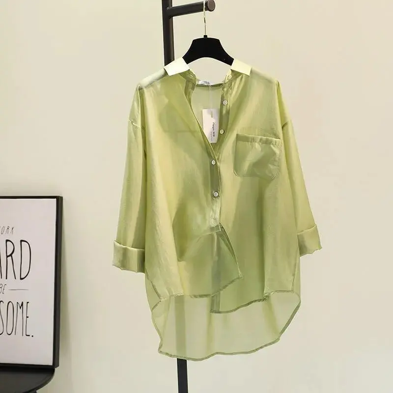 Tencel Cotton Sun Protection Shirt Long Sleeve Versatile Loose Top - Green