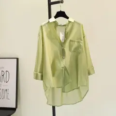 Tencel Cotton Sun Protection Shirt Long Sleeve Versatile Loose Top - Green - View 1