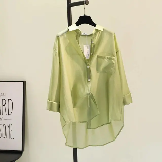 Tencel Cotton Sun Protection Shirt Long Sleeve Versatile Loose Top Green - Shop at LoveMi