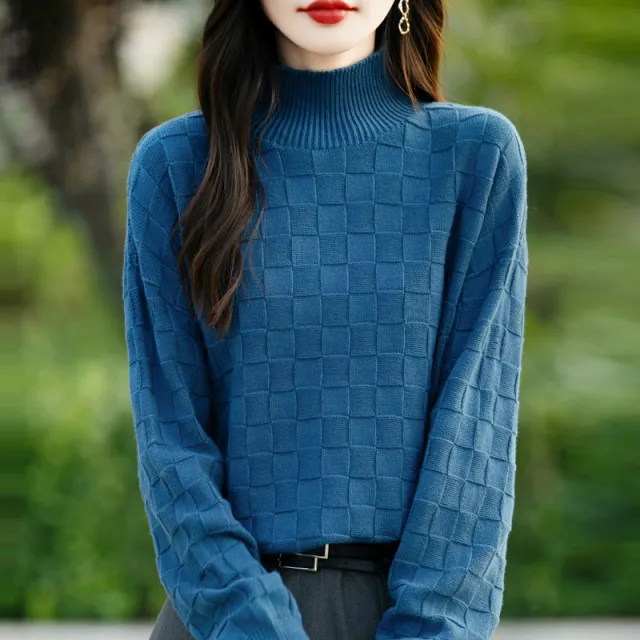 Women's Square Decorative Solid Color Long sleeved Knitted Sweater Blue - Shop at LoveMi