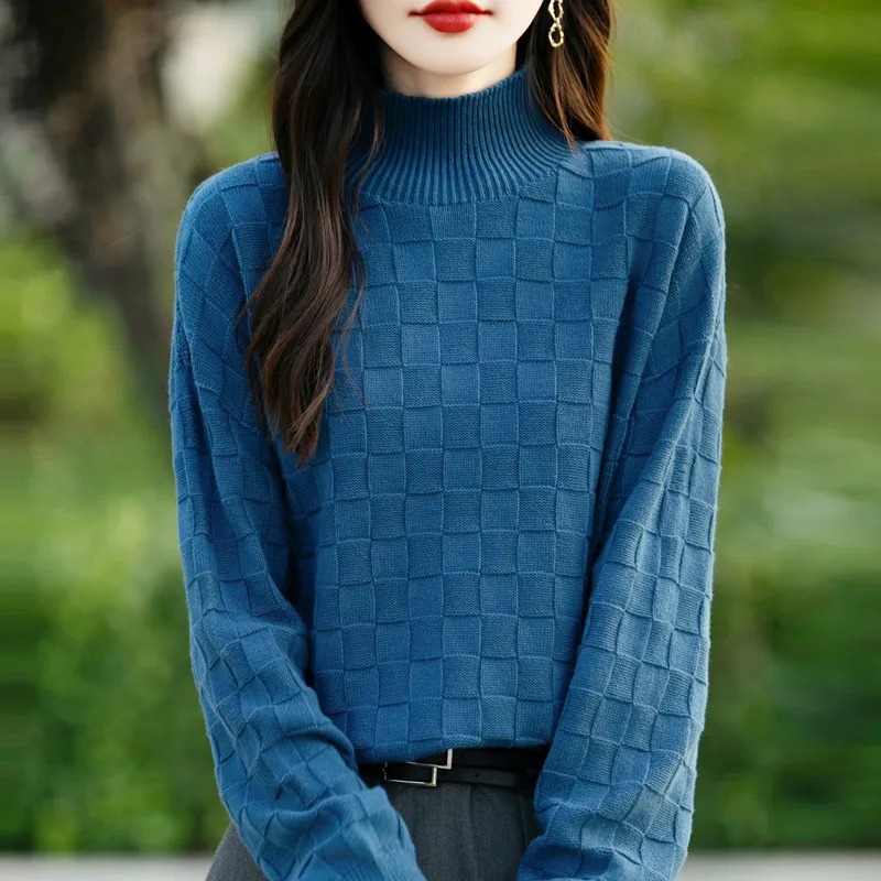 Women's Square Decorative Solid Color Long-sleeved Knitted Sweater - Blue