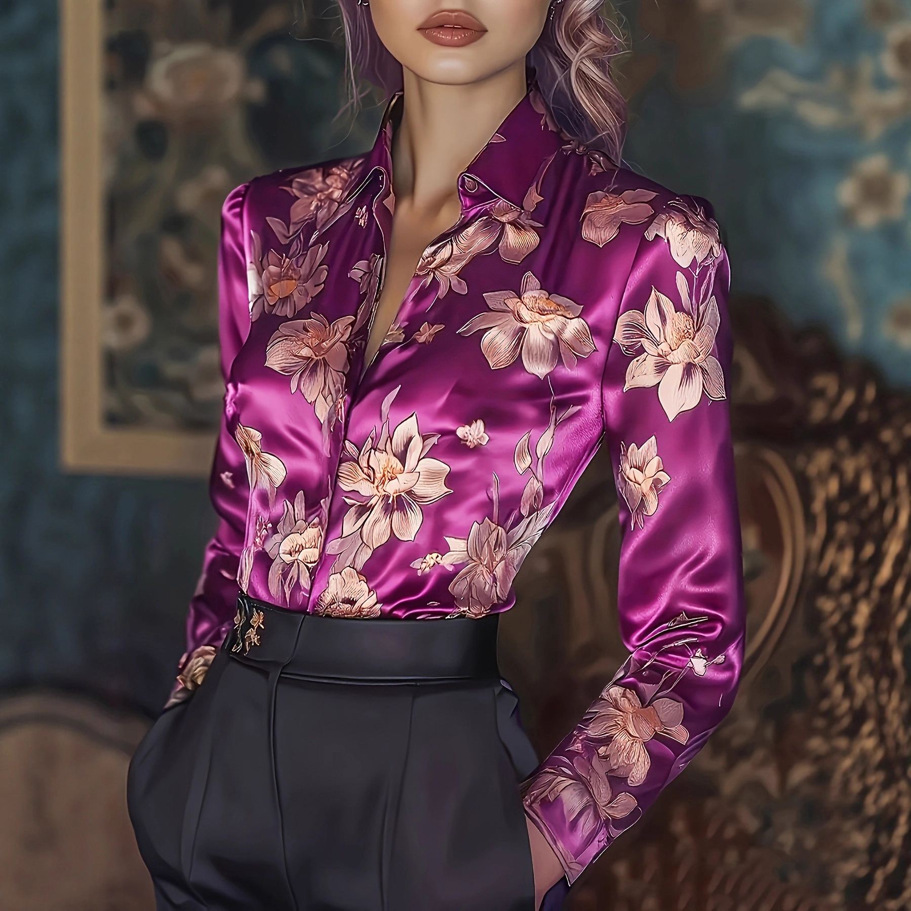 Womens Retro Printed Satin Long-Sleeve Shirt