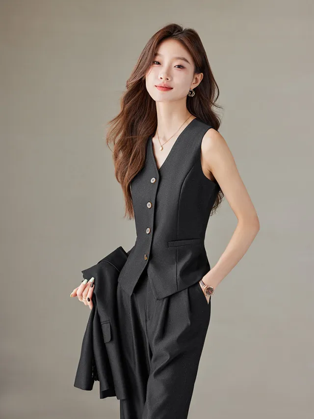 Fashion British Style High Waist Wide Leg Pants Two piece Set Black - Shop at LoveMi