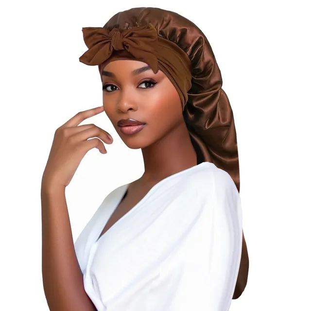 Bow Long Tail Nightcap High Elastic Women's Satin Toupee Long Ribbon Shower Cap Brown - Shop at LoveMi