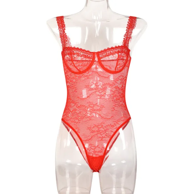 Lace Floral Close fitting Bodysuit For Women Red - Shop at LoveMi