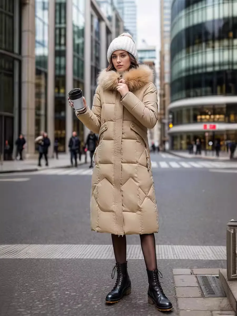 Slim Fit Below The Knee Cotton Coat Big Fur Collar Thickened Padded Jacket - Khaki