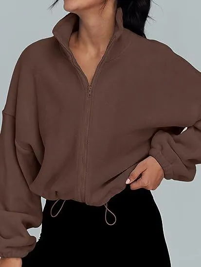 Women's Polar Fleece Sports Velvet Stand Collar Zipper Jacket Tan - Shop at LoveMi