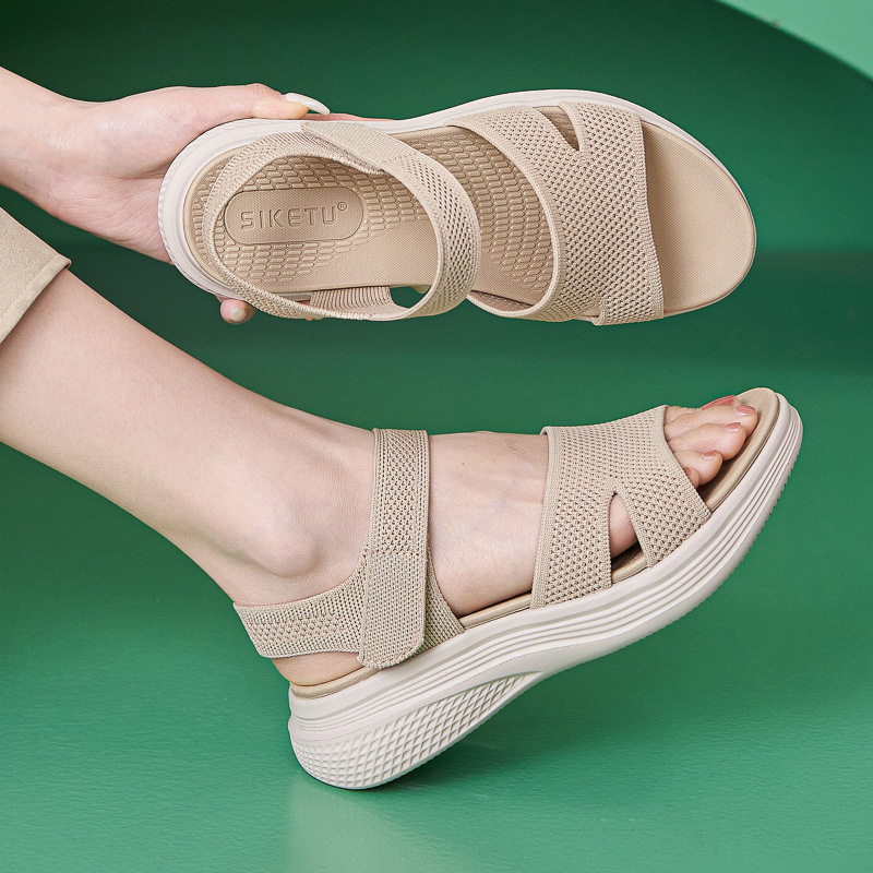 Summer Casual Thick-Soled Velcro Sandals Womens Simple Lightweight Beach Shoes Sporty Style