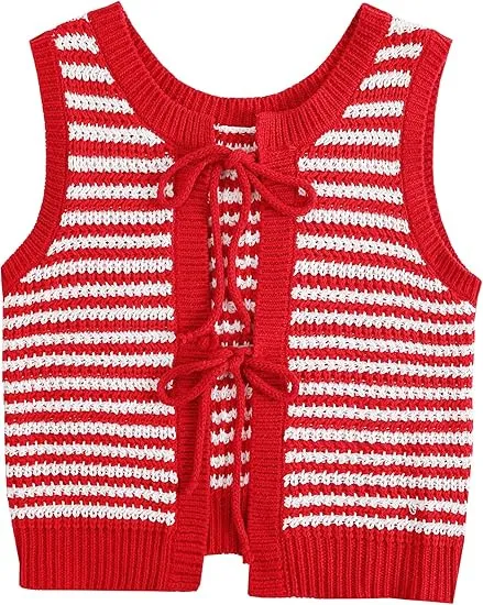 Round Neck Midriff baring Back Lace up Vest Knitted All matching Top Red - Shop at LoveMi
