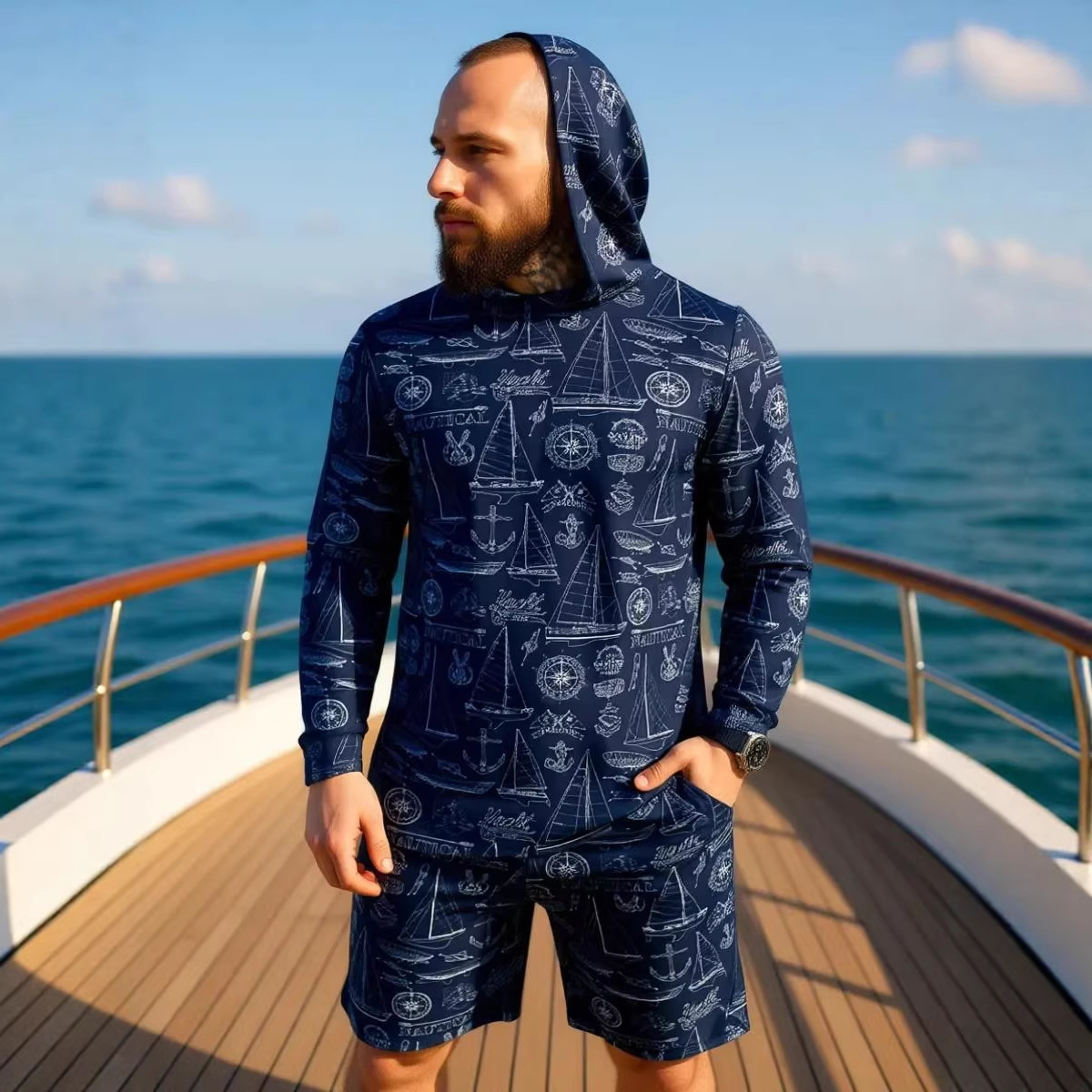 Men's Camouflage Hooded Shirt And Shorts Two-Piece Set