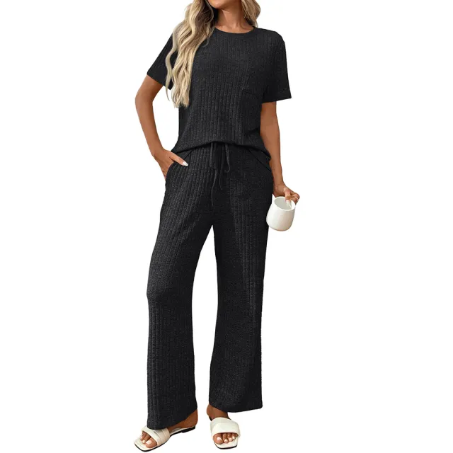Solid Color Rib Fabric Pajamas Round Neck Short Sleeve Trousers Homewear Suit Black - Shop at LoveMi