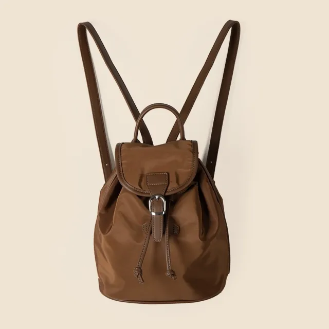 Nylon Drawstring Bundle Backpack Casual Versatile Simple Solid Color Large Capacity Brown - Shop at LoveMi