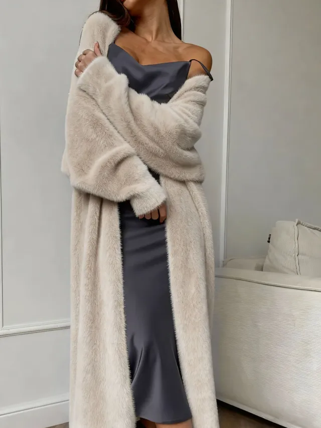 Women's Solid Color Loose Plush Knitted Long Coat Apricot - Shop at LoveMi