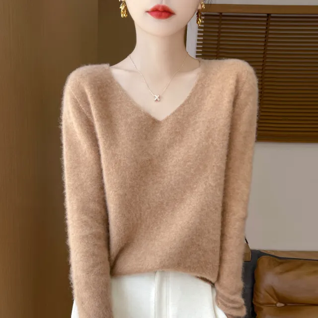 Women's Woolen Sweater V neck Loose Wool Base Shirt Golden Camel - Shop at LoveMi
