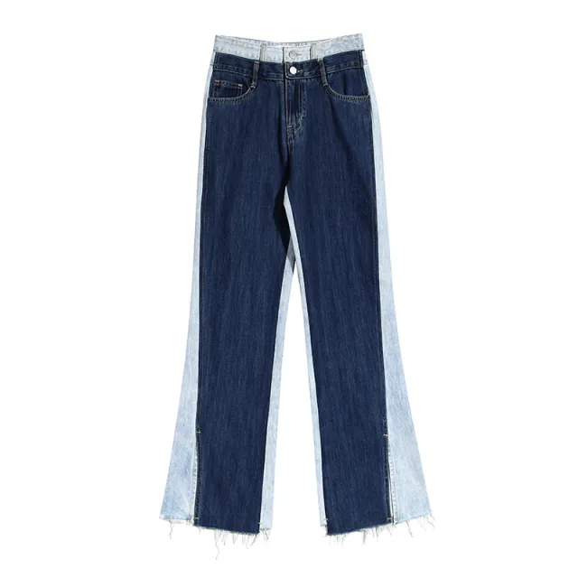 Thin Slimming Two tone Color Contrast Patchwork Wide leg Jeans Light - Shop at LoveMi
