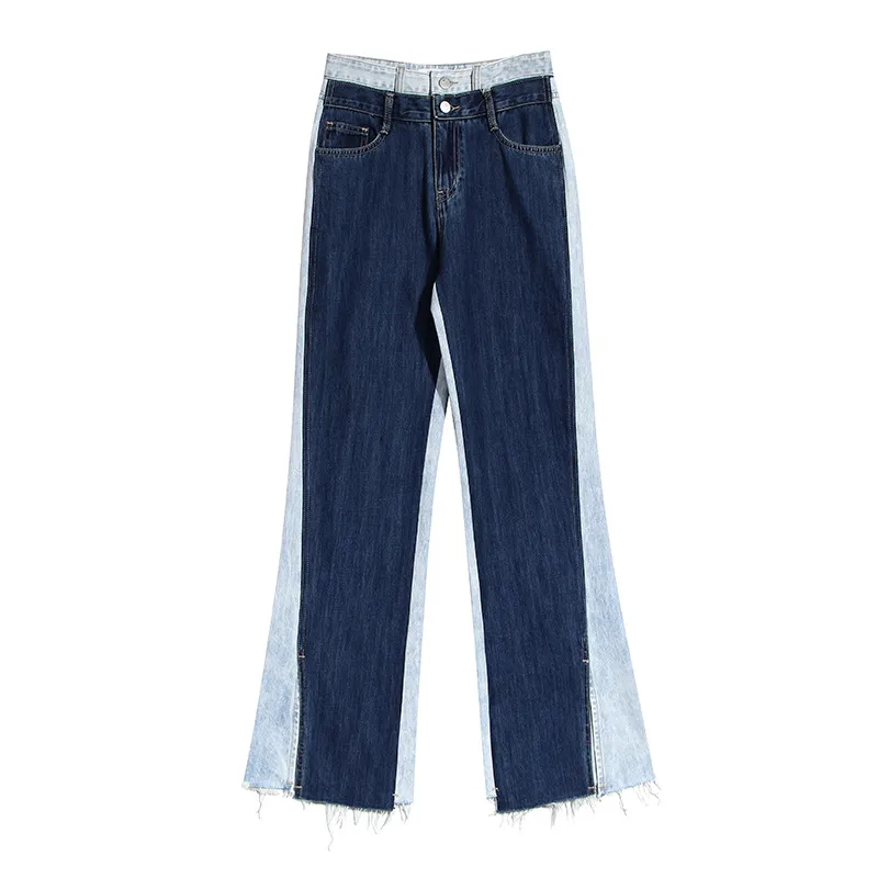 Thin Slimming Two-tone Color Contrast Patchwork Wide-leg Jeans - Light