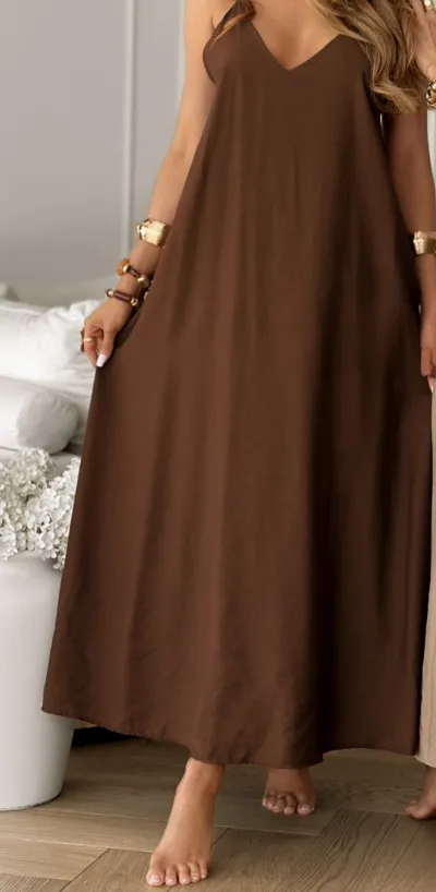Solid Color And V neck Sling CasualDress Dark Brown - Shop at LoveMi