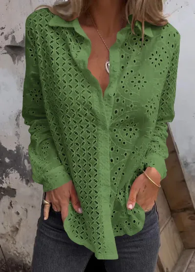 Women's Shirt Hollow Printed Loose Button Mesh Top - Green
