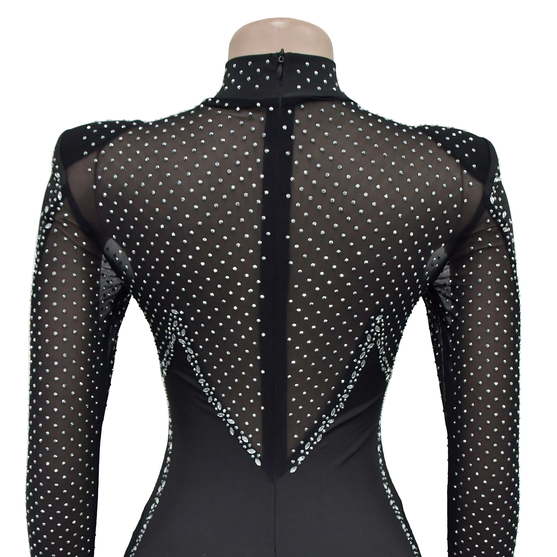 Title 8, Wear Pure Color Mesh Rhinestone Long-sleeved Tr...