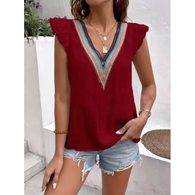 Vintage Shirt Women's Deep V Lace Hollow out Short sleeved Top Red - Shop at LoveMi
