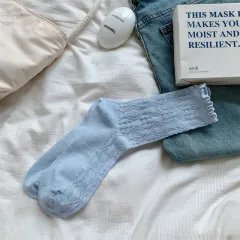 Thin Mesh Solid Color Hollow Wooden Ear Mid-calf Length Loose Socks Breathable Sweat Absorbing - Blue - View 1