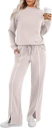 Round Neck Long Sleeve Stretch Leg Slit Casual Sweatshirt Outfit Apricot - Shop at LoveMi