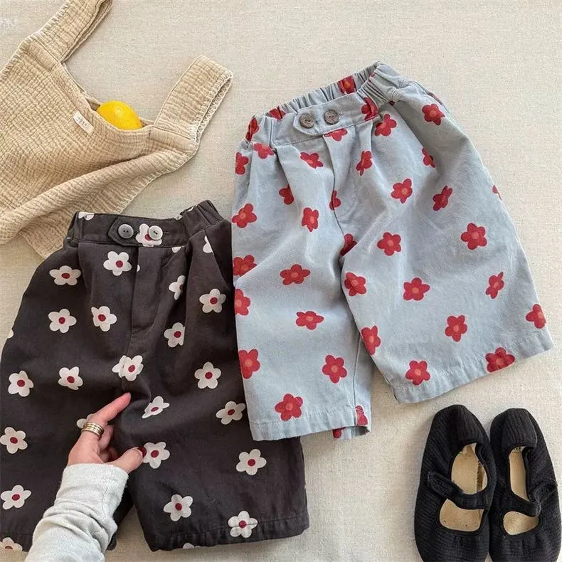 Elastic-waist New-style Cute Floral Childrens Pants