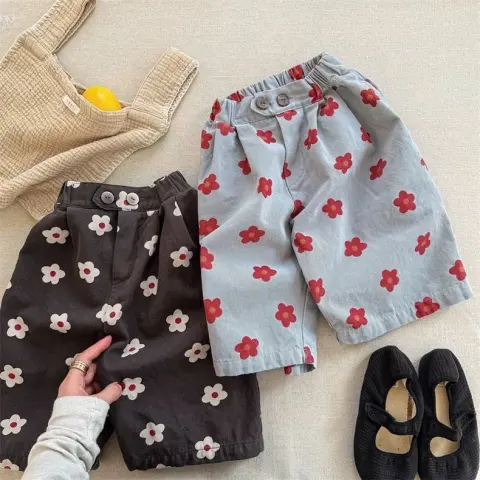 Elastic-waist New-style Cute Floral Childrens Pants