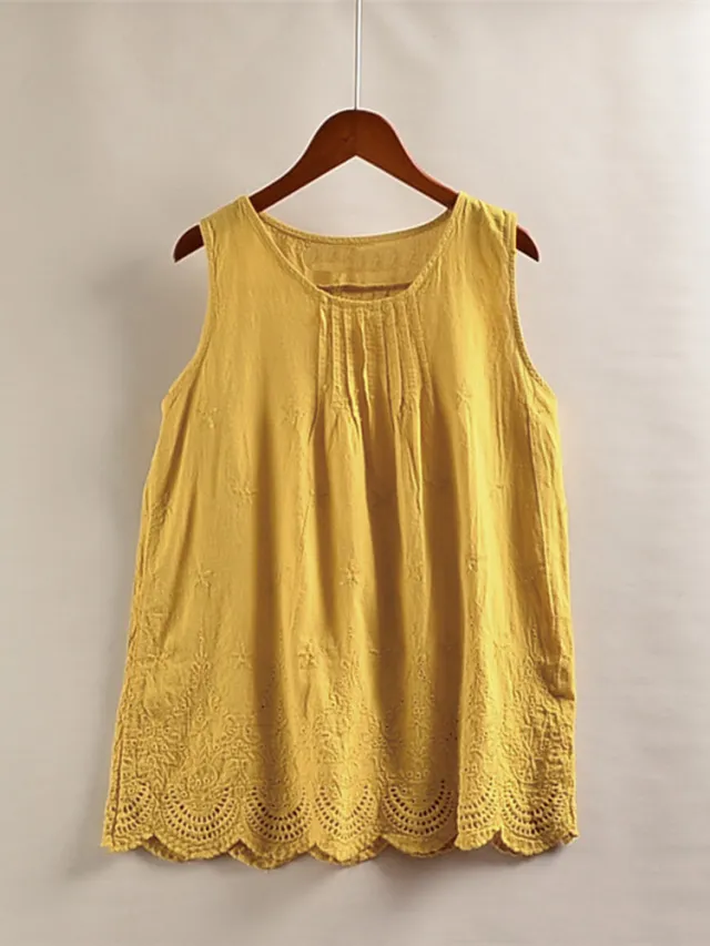 Women's Solid Color Hollow Pleated Stripes Sleeveless Vest Sunflower - Shop at LoveMi