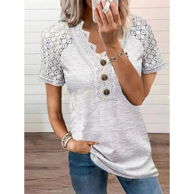Casual Solid Color Lace V neck Patchwork Top T shirt With Short Sleeves White - Shop at LoveMi