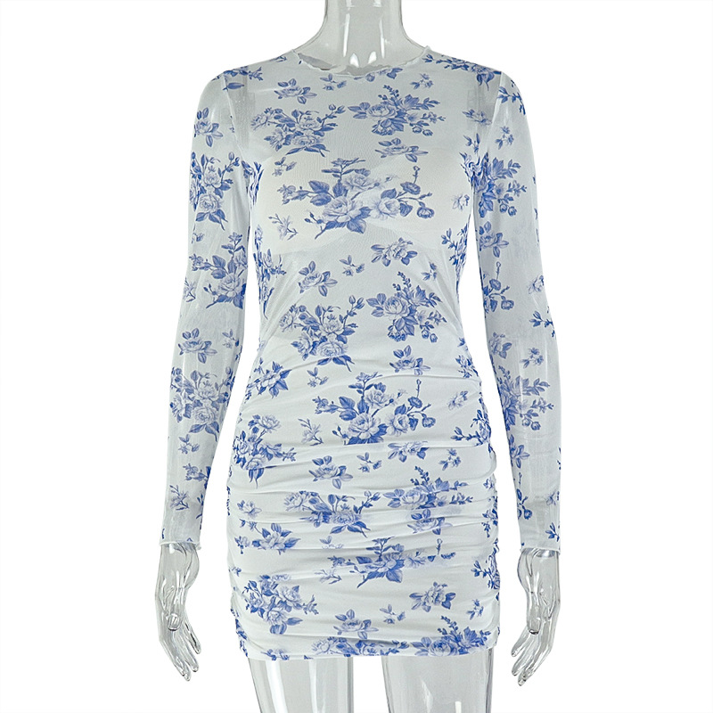 Pleated Commuter Round Neck Long Sleeve Trendy Dress Blue Variegated - Shop at LoveMi