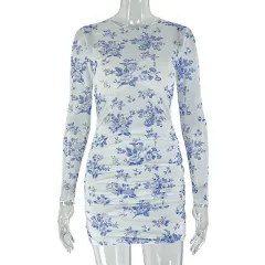 Pleated Commuter Round Neck Long Sleeve Trendy Dress - Blue Variegated - View 1