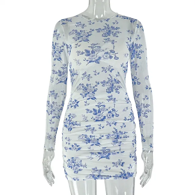 Pleated Commuter Round Neck Long Sleeve Trendy Dress Blue - Shop at LoveMi